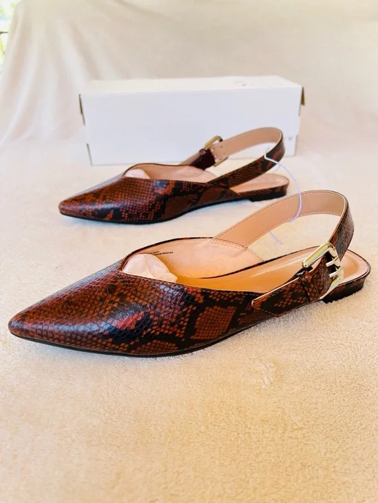 Snake Print Slingback Flats Pointed Toe Neutral Chic Minimalist SIZE 8.5 NWT - Picture 4 of 10